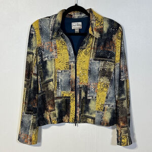 Vintage Joseph Ribkoff Jacket Women’s Size 10 Sparkly Blue Yellow Abstract Print